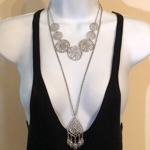 Bundle lot 2 silver tone fillagree necklaces boho